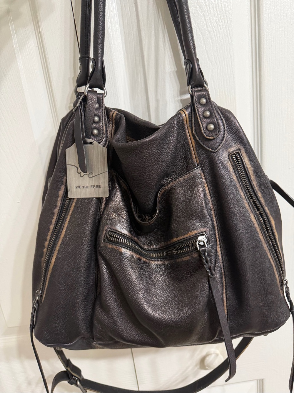 Free People Distressed Black Leather Hobo Shoulder Bag - Picture 6 of 6